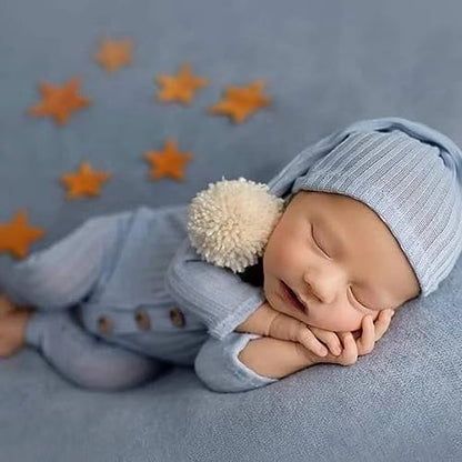 Newborn Baby Photo Shoot Props Girl Boy Crochet Knit Hat Costume Stripe Hat Pants Overalls Photography Props - color: Baby Blue