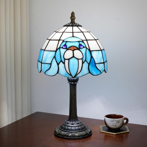 Small Tiffany Lamp Stained Glass Table Lamp, 8 Inch Vintage Blue Walrus Pattern, Cute Unique Bedside Nightstand Light for Bedroom Small Spaces - color: stained glass Lamp K