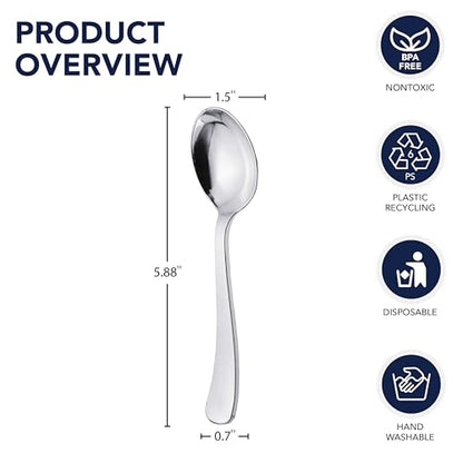 Party Essentials Disposable Plastic Cutlery/Heavy-Duty Flatware/Silverware for All Events, 100-Count(Pack of 1), Shiny Silver Soup Spoons - color: Shiny Silver Soup Spoons, size: 100-Count(Pack of 1)