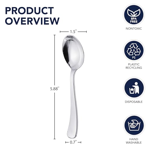 Party Essentials Disposable Plastic Cutlery/Heavy-Duty Flatware/Silverware for All Events, 50-Count, Shiny Silver Soup Spoons - color: Shiny Silver Soup Spoons, size: 50-Count