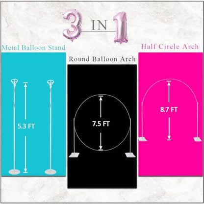 Decojoy Balloon Arch Stand, 7.5ft Large Round Backdrop Frame, Adjustable Half Circle Arch, 2 set Reusable Metal Ballon Column Kit with Base 3IN1 for Birthday, Wedding, Graduation, Shower Party