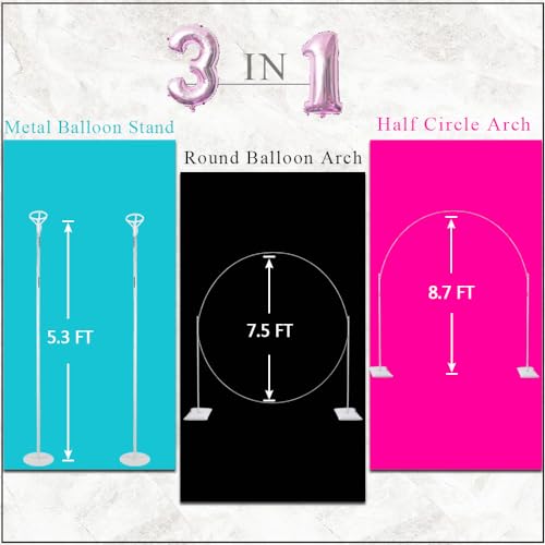 Decojoy Balloon Arch Stand, 7.5ft Large Round Backdrop Frame, Adjustable Half Circle Arch, 2 set Reusable Metal Ballon Column Kit with Base 3IN1 for Birthday, Wedding, Graduation, Shower Party