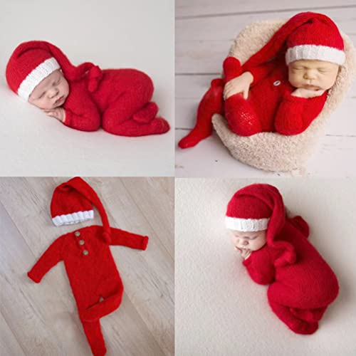 Christmas Newborn Baby Photo Shoot Props Outfits Crochet Clothes Santa Claus Red Hat Pants Photography Props - color: Red