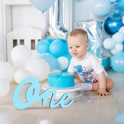 TONIFUL One Wooden Sign Cutout Letter for Boy 1st Birthday Party Decorations Table Centerpieces for First Birthday Light Blue Letter Wooden Photo Booth Props Party Decorations Supplies - style: One-Light Blue