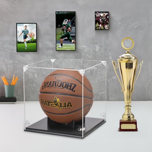 GYaozii Basketball Display Case, Thickened UV Protection Clear Acrylic Lid Basketball Holder, Wooden Basketball Base Stand for Autographed Ball and Memorial Gift - size: Basketball Display Case-Black