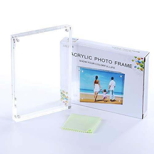 AMEITECH Acrylic Photo Frame 5x7 inches, Free Standing Desktop Double Sided Magnetic Picture Display, 10 + 10MM Thickness Clear Magnet Photo Frame with Microfiber Cloth, Gift Box Package - size: 5 x 7 inch
