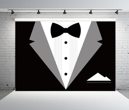 BELECO 7x5ft Fabric Gentleman Tuxedo Backdrop Black and White Bow Tie Suit Background Luxury Birthday Dinner Party Decor Banner Boy Men Father Bridegroom Photoshoot Studio Booth Props - size: 7x5FT