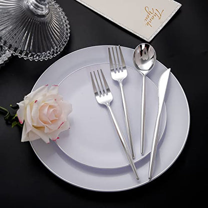 SUT 150Pcs Silver Plastic Silverware, Silver Disposable Cutlery, Heavy Duty Disposable Silverware, Plastic Utensils Include 50 Plastic Forks, 50 Plastic Spoons, 50 Plastic Knives - style: Silver