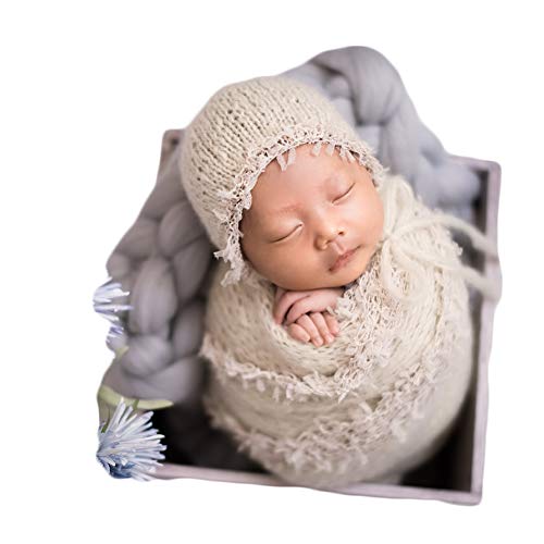 Baby Photography Props Luxurious Lace Hat with Blanket Newborn Photo Shoot Outfits Infant Princess Photos Hats Wrap Set (Cream) - color: Cream