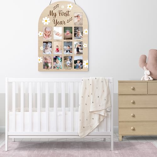 Daisy My First Year Photo Board Frame, 12 Monthly Baby Milestone Wooden Sign, Gender Neutral Nursery Decor for Girl Boy, Baby Keepsake Gifts for 1st Daisy Birthday Decorations-A02 - color: Daisy 1