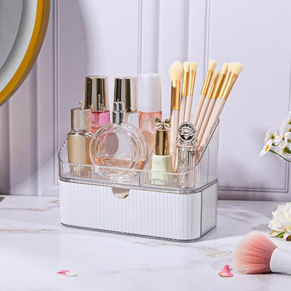 DASITON Makeup Organizer with Drawers, 2 Tier Stackable Organizer for Cosmetics, Skincare, Lipsticks, Makeup Brush, Acrylic Small Makeup Organizers for Vanity Bathroom Countertop Desk Storage (White)