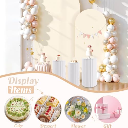 Metal Pleated Cylinder Pedestal Stands for Party, 3 Pieces Heavy Duty Round Cake Pedestal Stand Display Plinth Pillars Art Decor for Wedding Ceremony Birthday Party（Small, White） - size: L:23.82"x12.6", M:21.85"x11.02", S:19.88"x9.45"