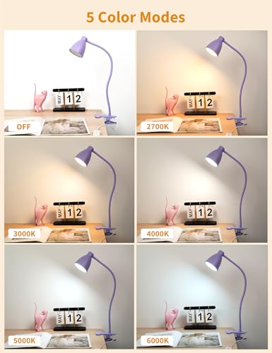 BOHON Desk Lamp with Clamp, 10W 38 LED Clip on Light, 5 Color 10 Brightness Auto Off Timer, Flexible Gooseneck Clip Lamp, Desk Lights for Office Home Bed Bedside Reading, Lilac Purple - color: Lilac Purple
