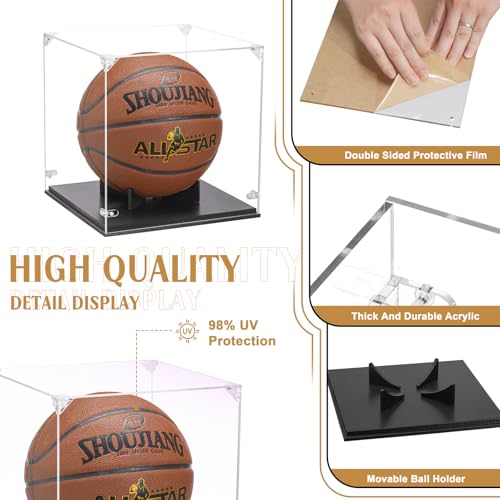 GYaozii Basketball Display Case, Thickened UV Protection Clear Acrylic Lid Basketball Holder, Wooden Basketball Base Stand for Autographed Ball and Memorial Gift - size: Basketball Display Case-Black