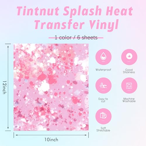 Tintnut Pink White Splash Heat Transfer Vinyl - 6 Sheets 10"x12"Watercolor HTV Patterned HTV Iron On Vinyl for T-Shirts Hats Clothes - color: Pink-6pcs