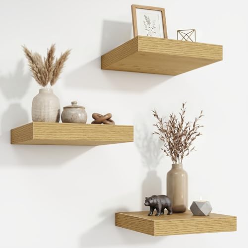 Acovy Floating Shelves for Wall 9 Inch,9.3" Deep Square Floating Shelf Set of 3,Wall Shelves Hanging Shelf with Invisible Brackets,Wall Mounted Shelf for Kitchen Living Room Bedroom Bathroom,Oak - color: Oak, size: 9 Inch,Set of 3
