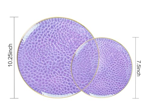 Rubtlamp 60Pcs Clear Purple Gold Plastic Plates, Purple Disposable Plates With Gold Rim, Hammered Plastic Plates Include 30 Clear Dessert Plates, 30 Dinner Plates for Party - color: Clear Purple Gold