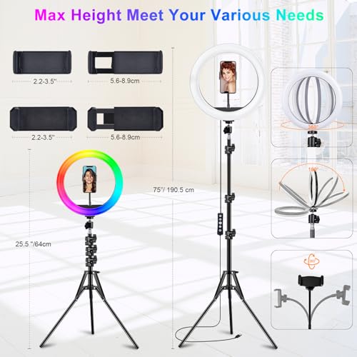 STALLY 10.2" Ring Light with Stand, 75" Tall Ring Light with Phone Holder and Wireless Remote, 12 Dimming Levels, 32 Color Modes Selfie Light Tripod for iPhone, Live Stream, Makeup, YouTube, TikTok - size: 10.2in