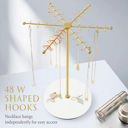 Poyilooo Necklace Holder Jewelry Stand, Rotating Necklace Holder Organizer with 48 Hooks for Necklace Earring Keychains Bracelet Display Stand, Metal Necklace Tree Stand -Women Gifts (Gold) - color: Gold