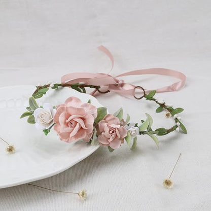 Flower Girl Flower Crown Pink Baby Girls Floral Headpieces Kids Headband Children Hair Wreath Photo Prop (Blush & White-Child Size) - color: Blush & White