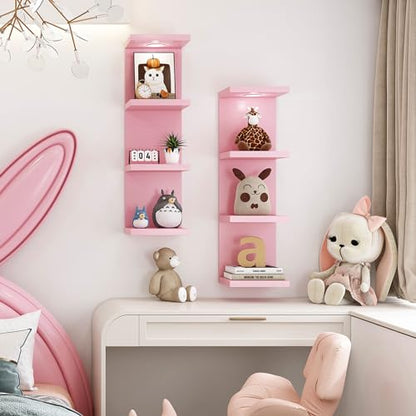 LitaEther Versatile 4 Tier Wall Shelf Unit,Pink Lack Wall Shelf,Display Floating Shelf with LED Remote Control Light - color: Pink, size: 4 Tier