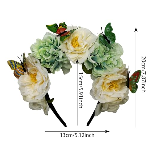 Elegant Butterfly Flower Headband for Women Boho Handmade Rose Floral Crown Wedding Bridal Festivals Cosplay Prom Photo Props Headpiece (B4 green white, Adjustable) - color: B4 green white
