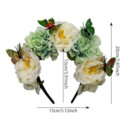 Elegant Butterfly Flower Headband for Women Boho Handmade Rose Floral Crown Wedding Bridal Festivals Cosplay Prom Photo Props Headpiece (B4 green white, Adjustable) - color: B4 green white
