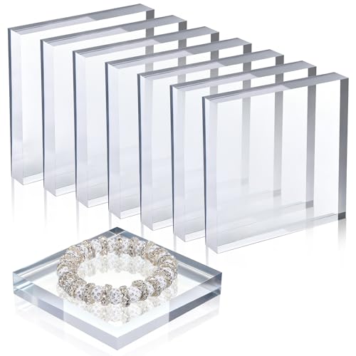 8pcs Acrylic Blocks for Display, 4 x 4 x 1 Inch Clear Polished Acrylic Cube Risers, Square Jewelry Display Stand Base for Rings Armband Jewelry