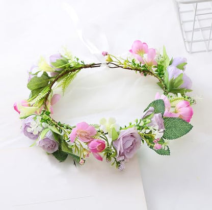 Bridal Flower Crown Adjustable Flower Headband Floral Halo Floral Crown Wedding Party Cosplay Halloween Costume - color: purple