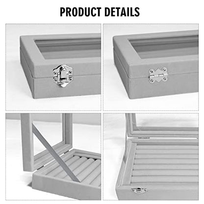 Vicoter Rings Organizer Tray 7 Slots Velvet Jewelry Earring Storage Box with Transparent lid Jewelry Display Case for Girls Wife Mom Women (Grey) - color: Grey