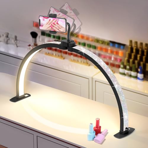 Half Moon Light for Nail Desk: 29" Foldable Half Moon Nail Desk Lamp with Phone Holder for Beginner - Arch Tech Light with 3 Color Modes & 10 Brightness for Manicure Salon (Black Diamond, Large) - color: Black Diamond, size: Large