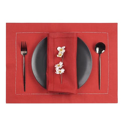 D'Moksha Homes Linen Placemats Set of 4 - Classic Hemstitch Bright Red Placemats 14 x 19 Inch - 100% Pure Linen Table Mats for Spring - Handcrafted and Machine Washable - color: 12 - Bright Red