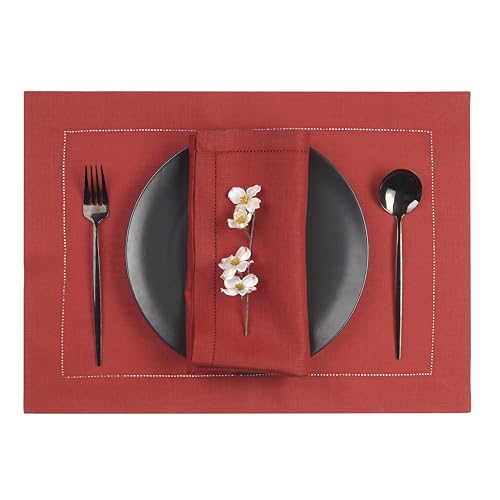 D'Moksha Homes Linen Placemats Set of 4 - Classic Hemstitch Bright Red Placemats 14 x 19 Inch - 100% Pure Linen Table Mats for Spring - Handcrafted and Machine Washable - color: 12 - Bright Red