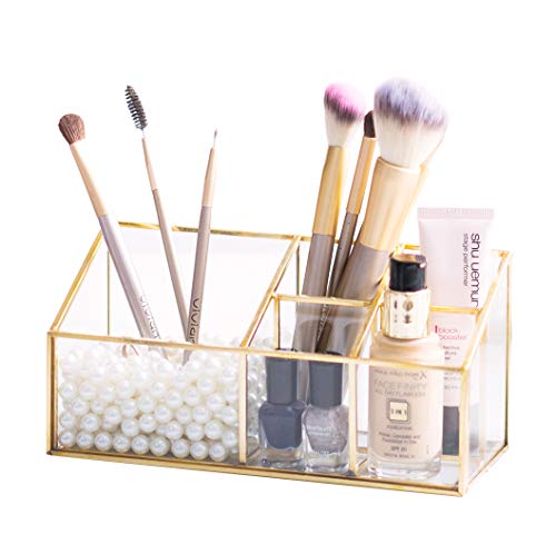 Golden Vintage Glass Box Clear Glass & Brass Metal Storage Jewelry and Cosmetic Makeup Brush Lipstick Holder Organizer Beauty Display with 5 Compartment