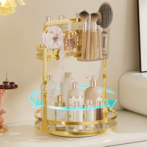 360 Rotating Makeup Organizer for Vanity, Gold Perfume Organizer, 2-Tier Lazy Susan for Bathroom Counter Organizer, Large Spinning Skincare Dresser Storage with Brush Holder & Jewelry Hooks - color: Gold