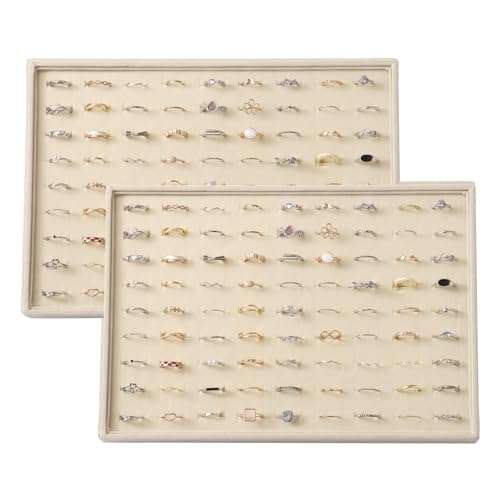 Large Velvet Jewelry Tray 2 Pack Stackable Jewelry Display Drawer Inserts Trays Organizer for Earring Bracelet Necklace Ring (Beige, Ring 81 Slots) - color: Beige, size: Ring 81 Slots