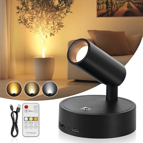 TaoFiaCo Spotlight Indoor, Wireless Battery Operated with Remote,Uplight Indoor Down Light for Picture on Wall, Plant Spotlight Dimmable Timer, Mini Ceiling Lights Painting for Trees Plant - color: Black, size: 1 Pack