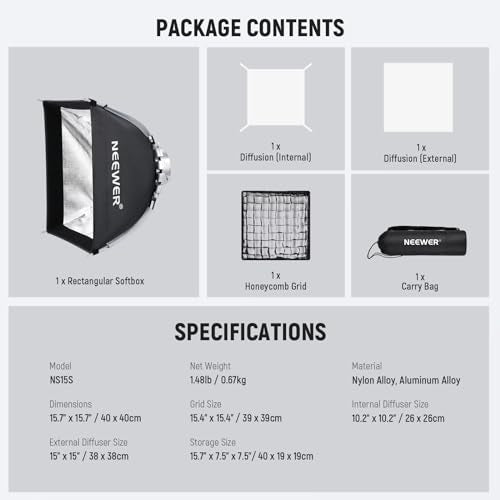 NEEWER 15.7"x15.7" Quick Setup Foldable Softbox Square with Diffusers/Honeycomb Grid/Bag, Bowens Mount Compatible with Godox Aputure 120d Continuous Video Lights Q4 Studio Flash Strobes, NS15S