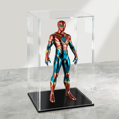 LANSCOERY Acrylic Display Case, 4.7x4.7x7 in, Upgraded Thickened UV-Resistant Showcase, 98% Clarity Dustproof Box with Glossy Black Base for Action Figures, LEGO & Models, Scraper & LED Light - color: Black, size: 4.7x4.7x7inch; 12x12x18cm