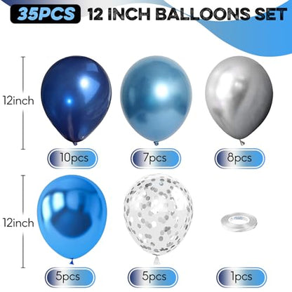 Blue Silver Balloons Set, 12 Inch Blue and Silver Balloons Dark Navy and Confetti Party Latex Balloon, Macaron Metallic Baby Blue Mixed Balloon for Birthday Graduation Baby Shower Wedding Retirement - color: Blue Silver