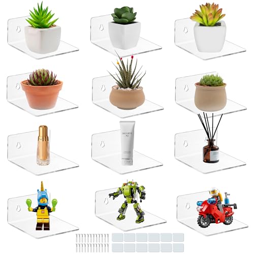 Acrylic Wall Shelves for Storage,Floating Shelf,Clear Display Shelves,Ledges for Pop Figures Plant Organizer for Toy Games Spices Perfumes Picture Photo for Bedroom Decor Living Room - color: Clear, size: 3.9 Inch 12Pack