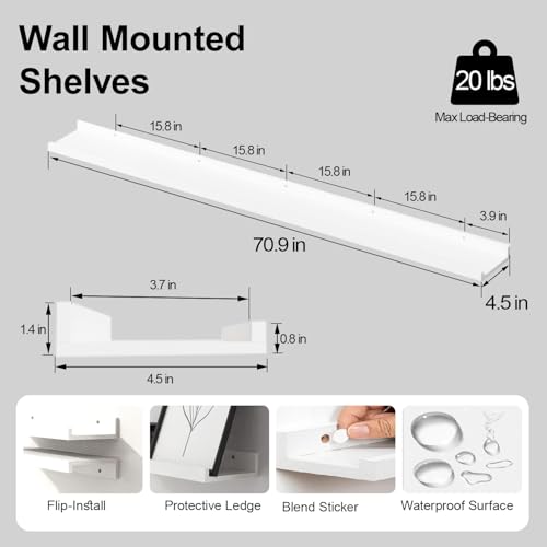 White Floating Shelves for Wall Decor, Long Wall Mounted Storage Shelf for Bedroom, Living Room, Bathroom, Kitchen, Nursery, Display Picture Ledge Shelf with Lip Set of 2-71 Inches, White - color: White, size: 70.9in
