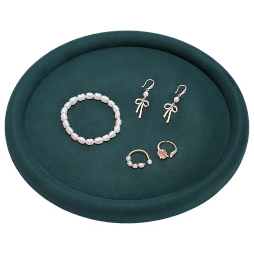 UNICRAFTALE Round Jewelry Organizer Plate Velvet Jewelry Display Tray Dark Green Dish Showcase Display Organizer Trinket Storage for Women Ring Earring Necklace 8.26 Inch Inner Diameter - style: Round