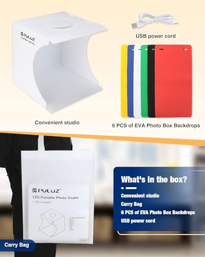Mini Photo Studio Box, PULUZ 20cm Portable Photography Shooting Light Tent Kit, White Folding Lighting Softbox with 20 LED Lights + 6 Backdrops for Product Display - size: 9*9 Inch - B