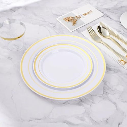 BESTVIP 50PCS Gold Plastic Plates, 10.25 Inch Disposable Dinner Plate Party with Gold Rim, Heavy Duty Disposable Plastic Plates for Christmas, Thanksgiving, Party, Wedding and Birthday - color: Gold, size: 50PC