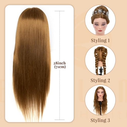 Mannequin Head 80% Human Hair with Tripod Stand,28 Inch Make up Cosmetology Manikin Practice Doll Head,Braiding Hairdressing Head with Table Clamp + DIY Hair Styling Set - color: Blonde#27