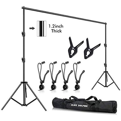 Slow Dolphin Photo Video Studio 10ft (W) x 9.2ft (H) Heavy Duty Adjustable Photography Backdrop Stand Background Support System Kit with Carry Bag, Aluminum, 4 Cross Bars, 2 Support Stands, Clamps