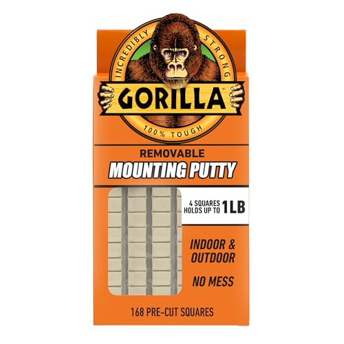 Gorilla Mounting Putty, Natural Tan Color, 168 Pre-Cut Squares (Pack of 1) - Non-Toxic Removable & Repositionable Wall Putty - size: 1 Pack, style: 4 Ounce