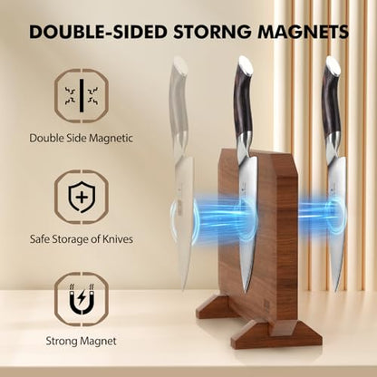 HOSHANHO Magnetic Knife Block, Thickened Acacia Wood Kitchen Knife Holder Stand with Strong Magnets, Multifunctional Double Side Knife Storage Organizer for Kitchen Counter - size: 14*10*4.7 inch