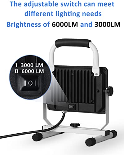 UFOND 6000 Lumen LED Work Light with Stand,60W Waterproof Flood Light, Brightness Switch Adjustable,Super Bright 10Ft Power Cord Portable Job Site Worklight for Garage Workshop Car,Outdoor Lighting